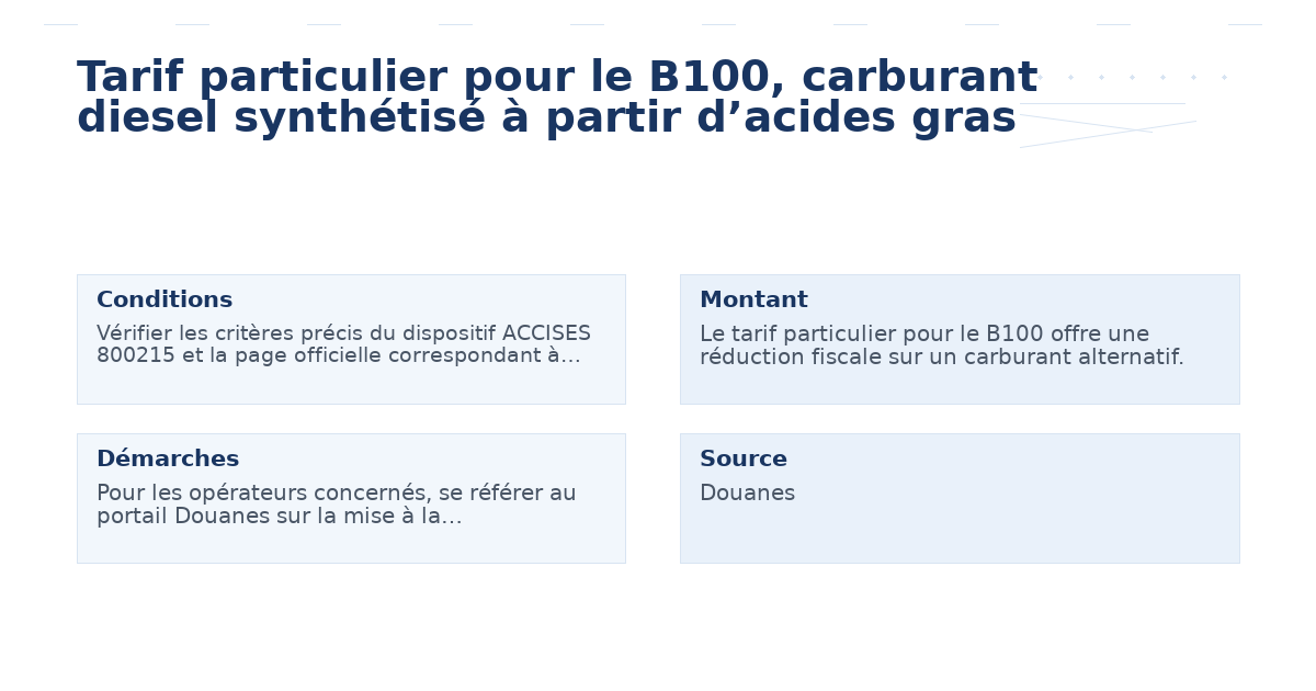 Tarif particulier pour le B100, carburant diesel synthétisé à partir d’acides gras