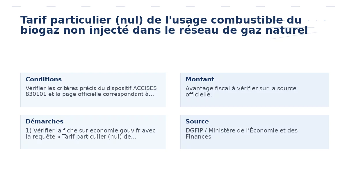 Aide Tarif particulier (nul) de l'usage combustible du biogaz non injecté dans le réseau de gaz naturel : conditions, bénéfices, critères et démarches - tarif particulier nul l’usage combustible biogaz