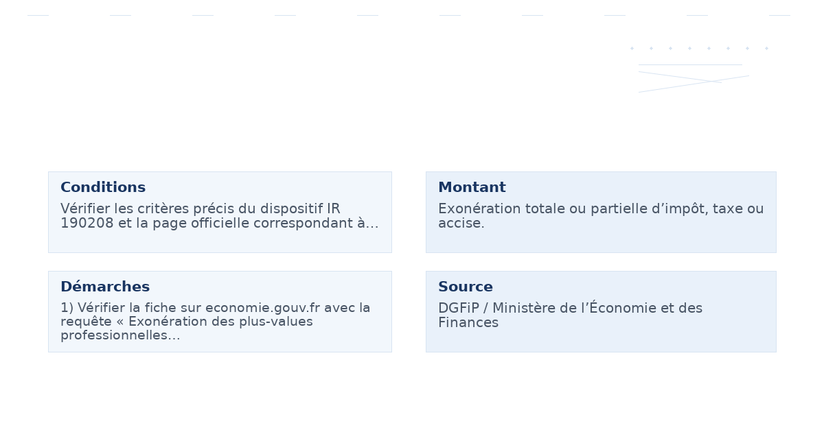Exonération des plus-values professionnelles en cas de cession à titre onéreux d&rsquo;une entreprise individuelle ou d&rsquo;une activité par une société de personnes ou en cas de cessation d&rsquo;un office d&rsquo;avoué dans le cadre du départ à la retraite du cédant ou de l&rsquo;