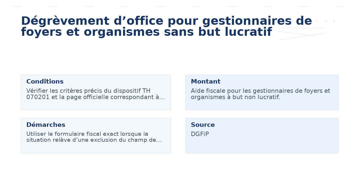 Dégrèvement d’office pour gestionnaires de foyers et organismes sans but lucratif