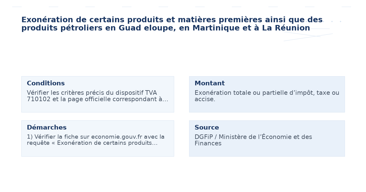 Exonération de certains produits et matières premières ainsi que des produits pétroliers en Guad eloupe, en Martinique et à La Réunion